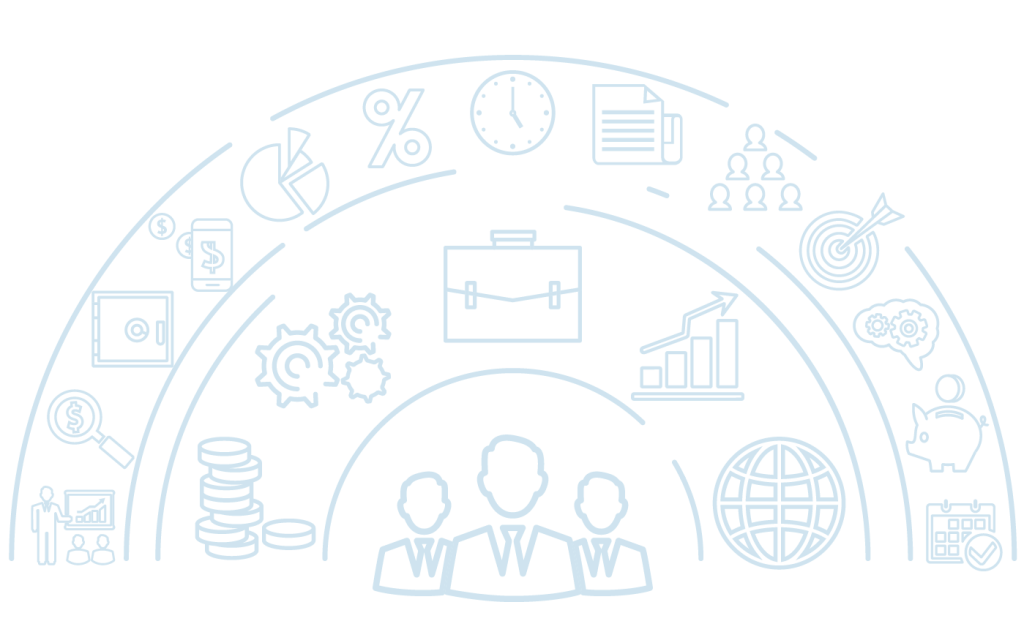 Ilustración de conceptos de gestión empresarial: finanzas, estrategia, equipos y toma de decisiones